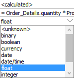 This shows the drop down for the type field. The type selected is float.